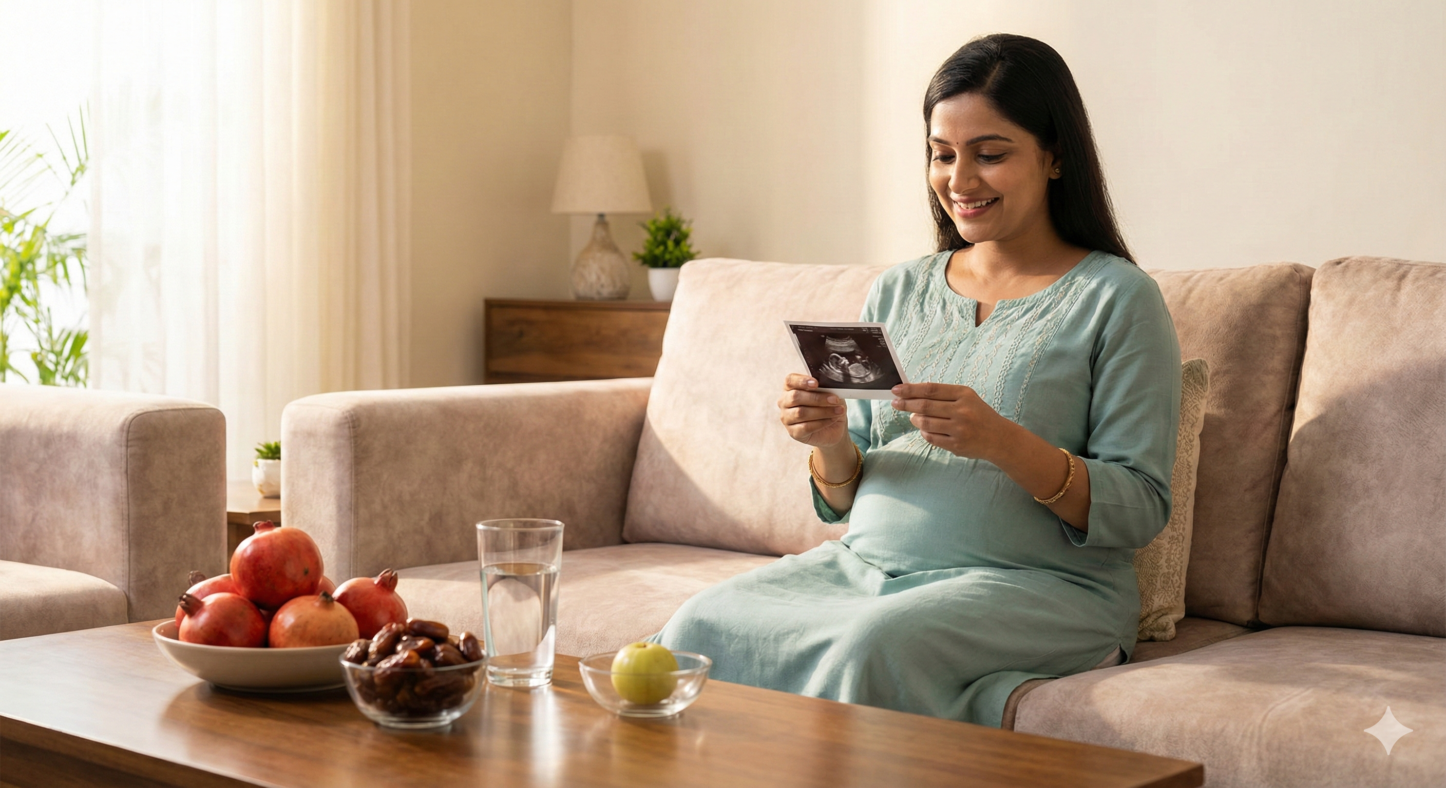 Smiling Indian pregnant woman looking at her ultrasound scan photo during the third month, with a glass of water and healthy snacks like pomegranate and dates on the table.