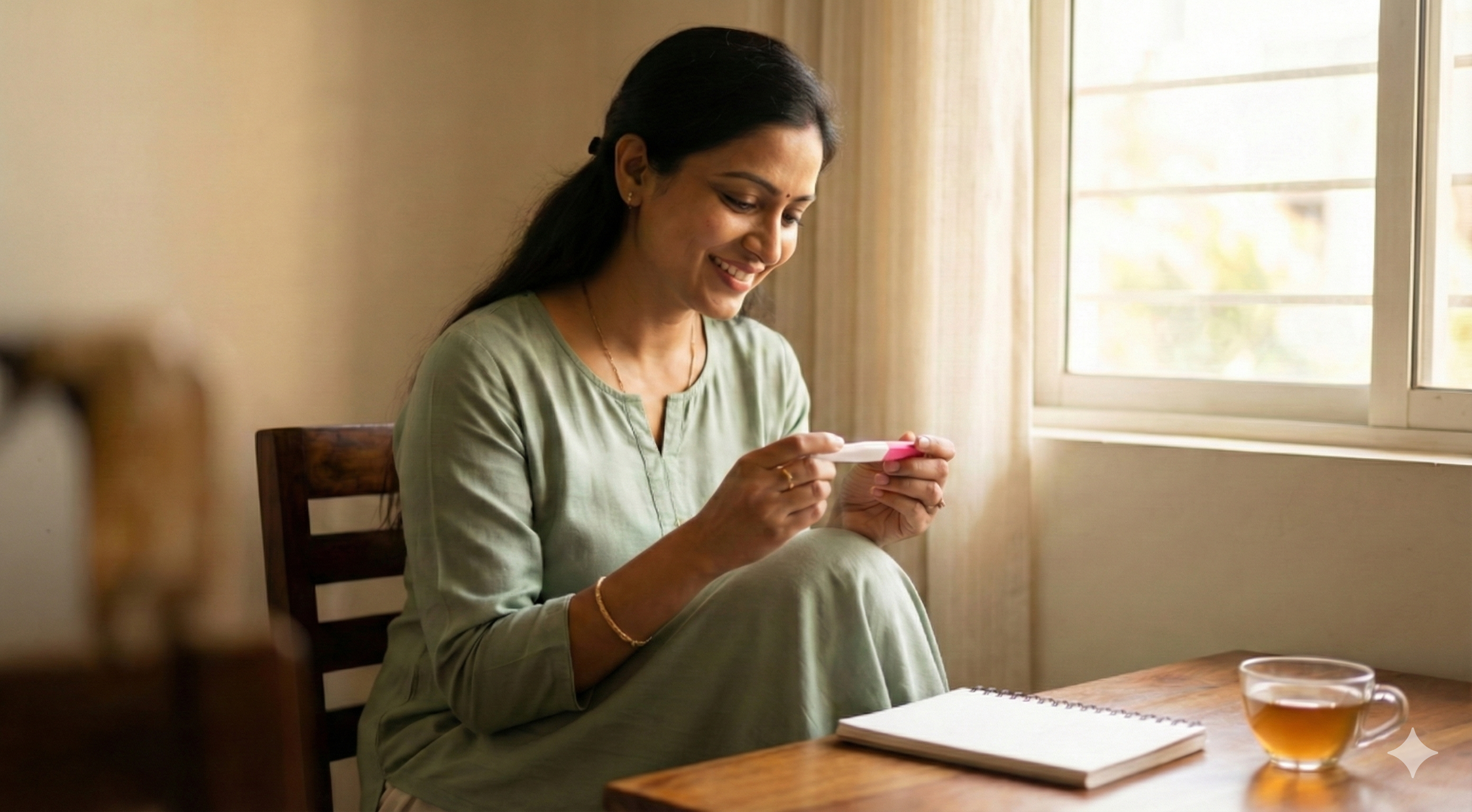 Smiling Indian woman holding a positive pregnancy test kit at a wooden table with a journal and tea. Concept for 4 weeks pregnant confirmation and early pregnancy journey.