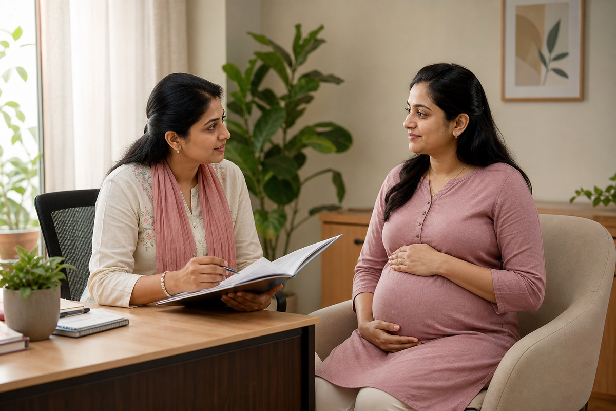 An Indian pregnant woman rests her hands on her belly while speaking with a female maternity-care professional during a calm antenatal consultation.