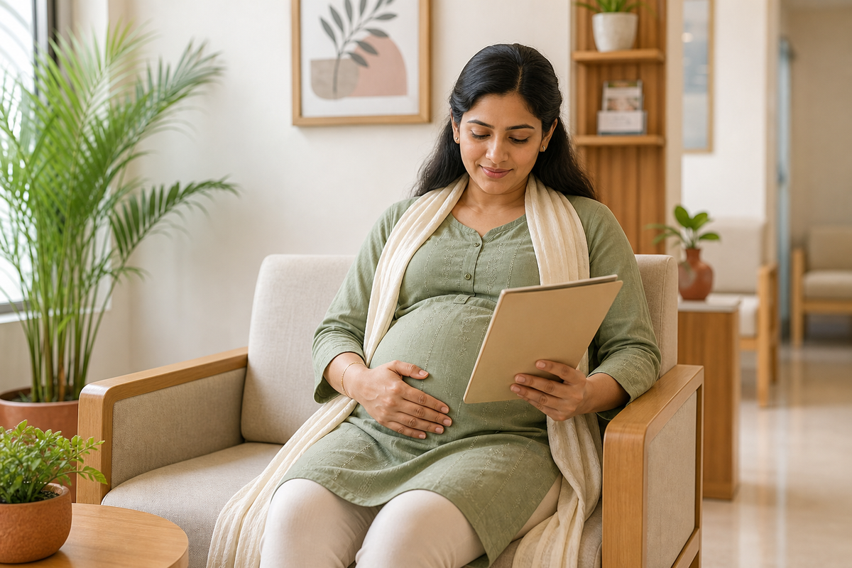 An Indian pregnant woman rests one hand on her belly while reviewing her antenatal record in a calm maternity-clinic waiting area.