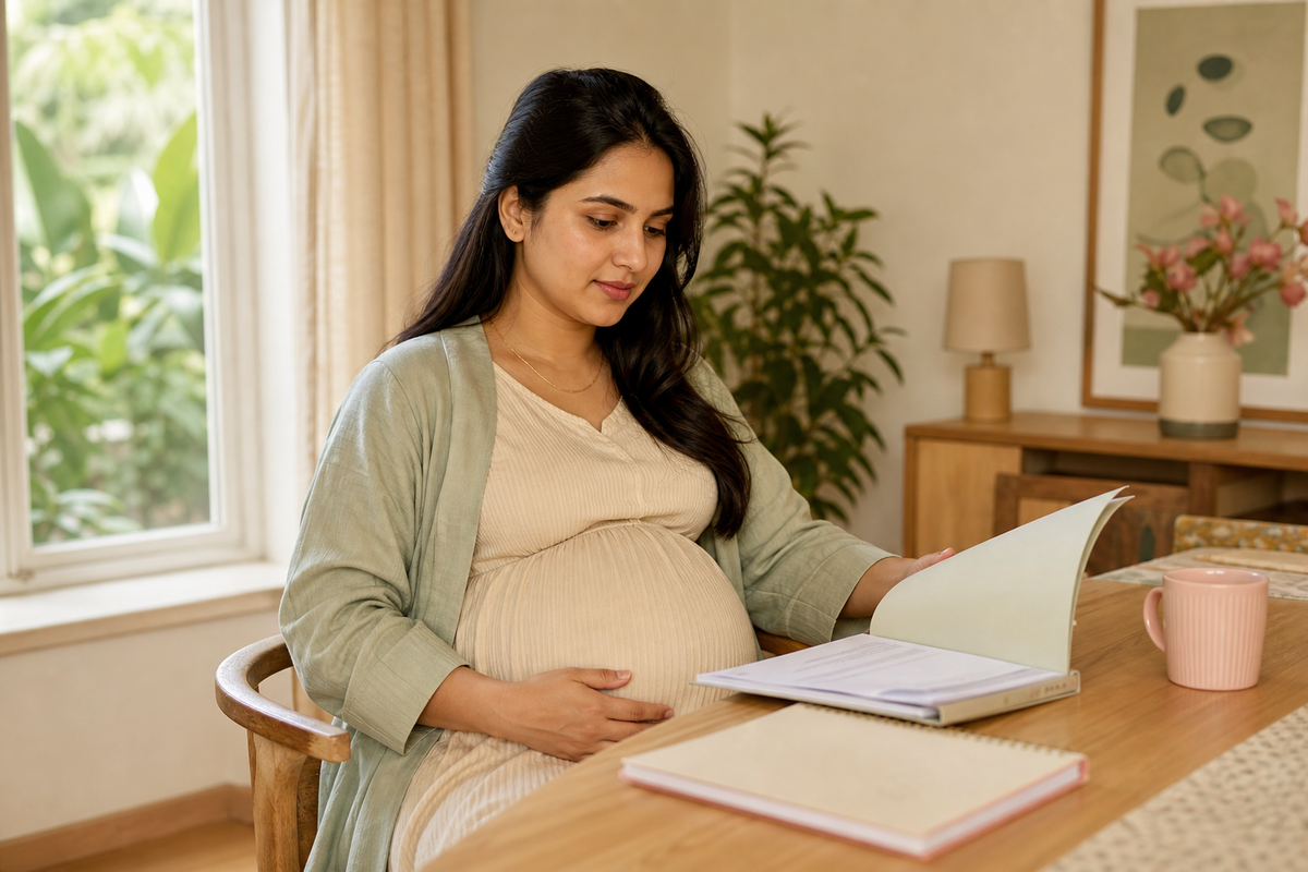 An Indian pregnant woman reviews her antenatal record and birth-planning notes at home in warm natural light.