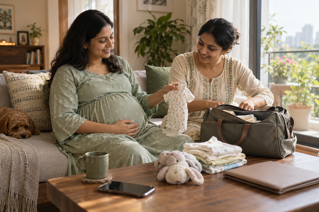 A pregnant woman and another woman pack a hospital bag together at home.