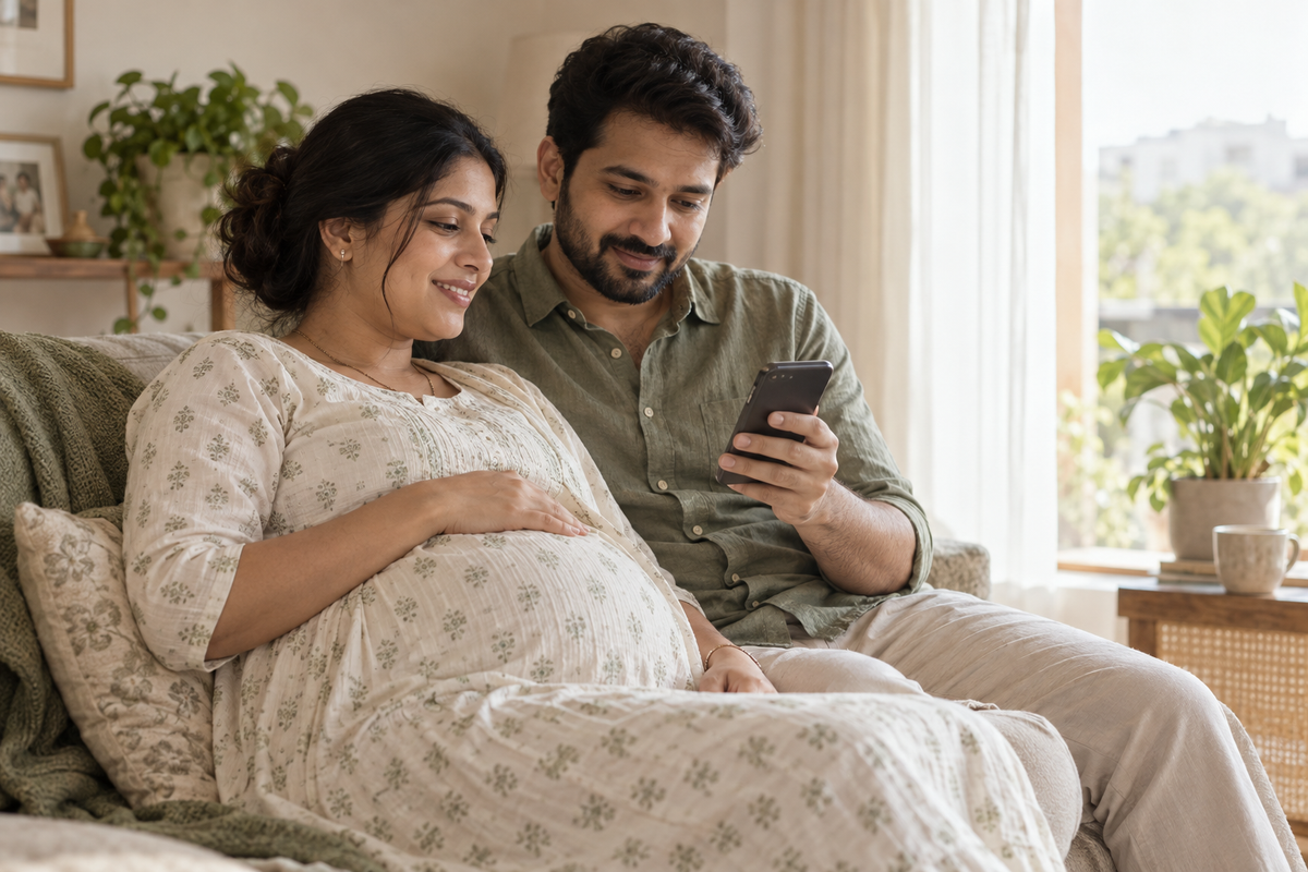 A pregnant woman and her companion look at a phone together at home.