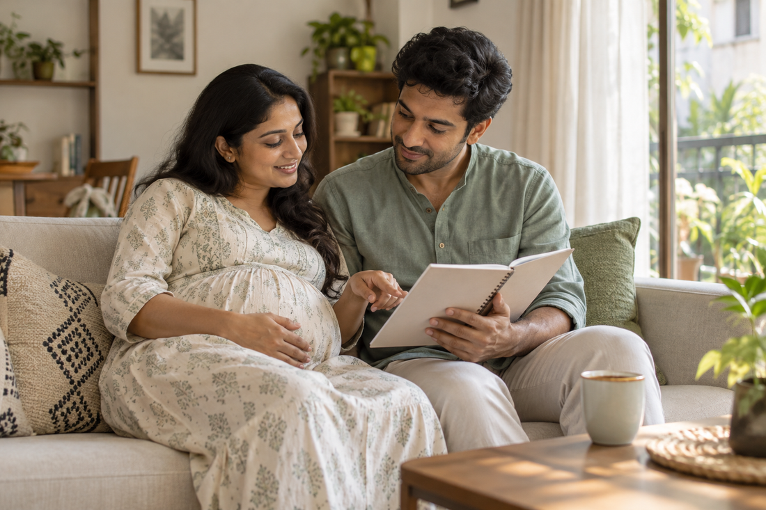 A pregnant woman and her companion discuss notes together at home.
