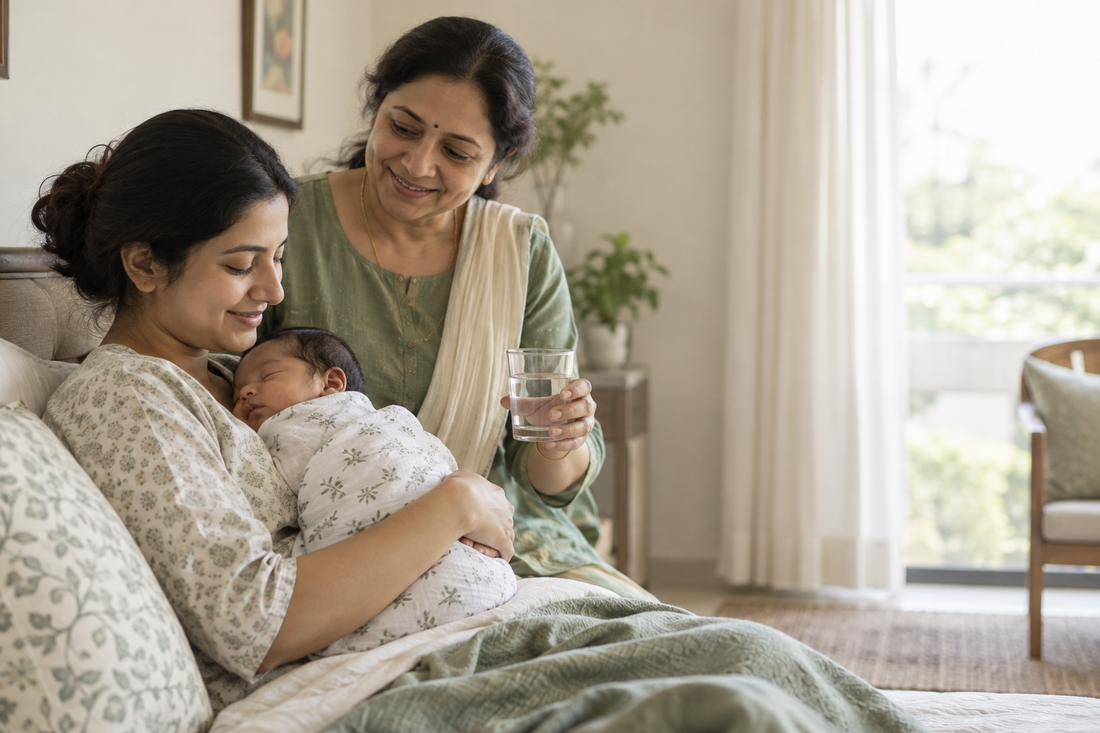 A new mother rests at home with her sleeping baby while a family member offers her water.