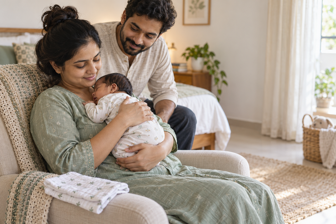 An Indian mother holds her newborn close while her partner offers support at home.