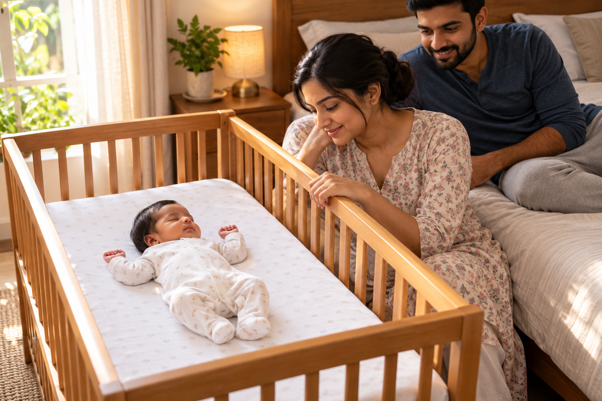 An Indian newborn sleeps on their back in an empty cot beside their parents' bed while both parents watch nearby.