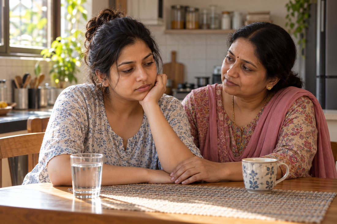 A tired new mother sits at a kitchen table while a family member listens and offers support.