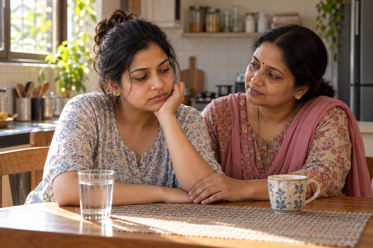 A tired new mother sits at a kitchen table while a family member listens and offers support.