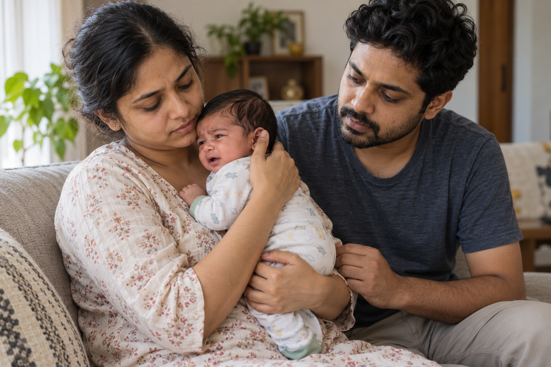 An Indian parent holds and comforts an awake newborn while another caregiver sits beside them.