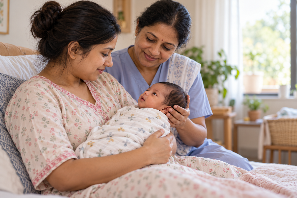 An Indian parent holds an awake newborn while another caregiver looks on in a bright room.