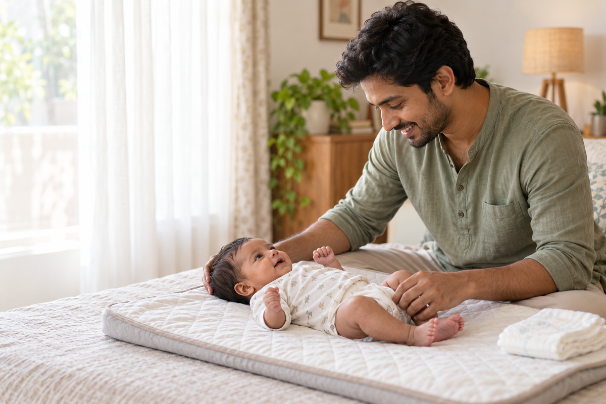 An Indian father cares for an awake newborn on a changing mat in a bright room.