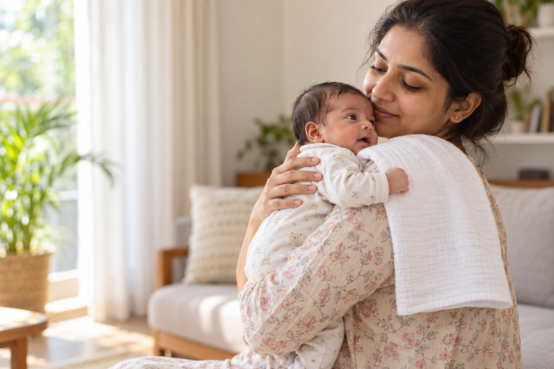 An Indian mother holds her awake newborn upright against her shoulder with a burp cloth.