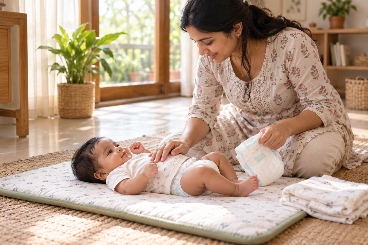 An Indian mother gently changes her awake newborn's nappy on a mat on the floor.