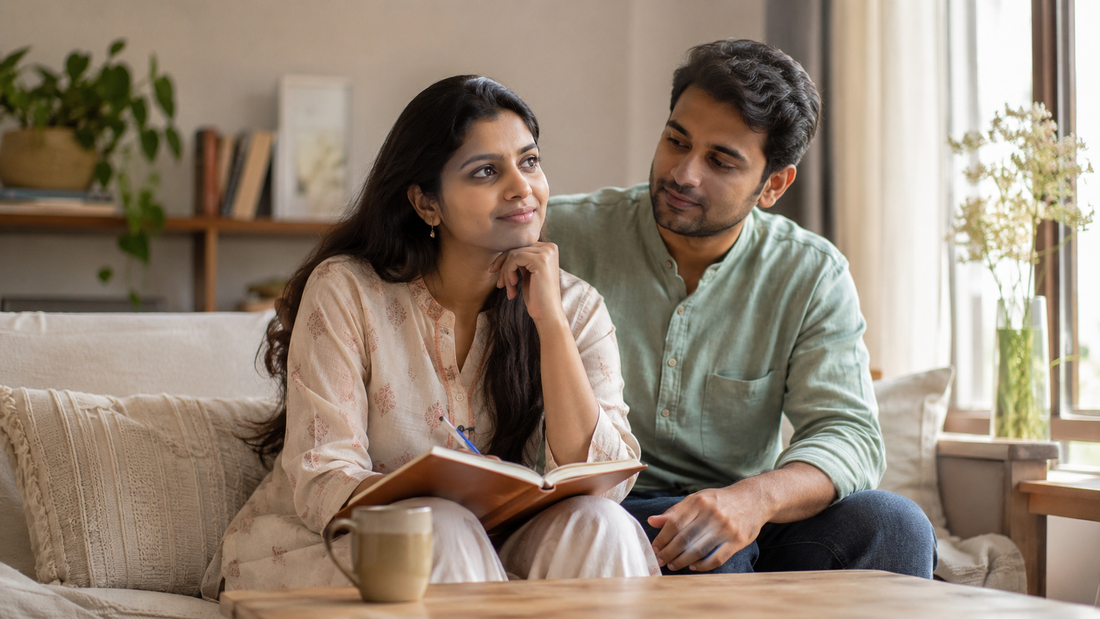 Thoughtful Indian couple sitting together in a softly lit living room, sharing quiet support while reviewing fertility decisions.