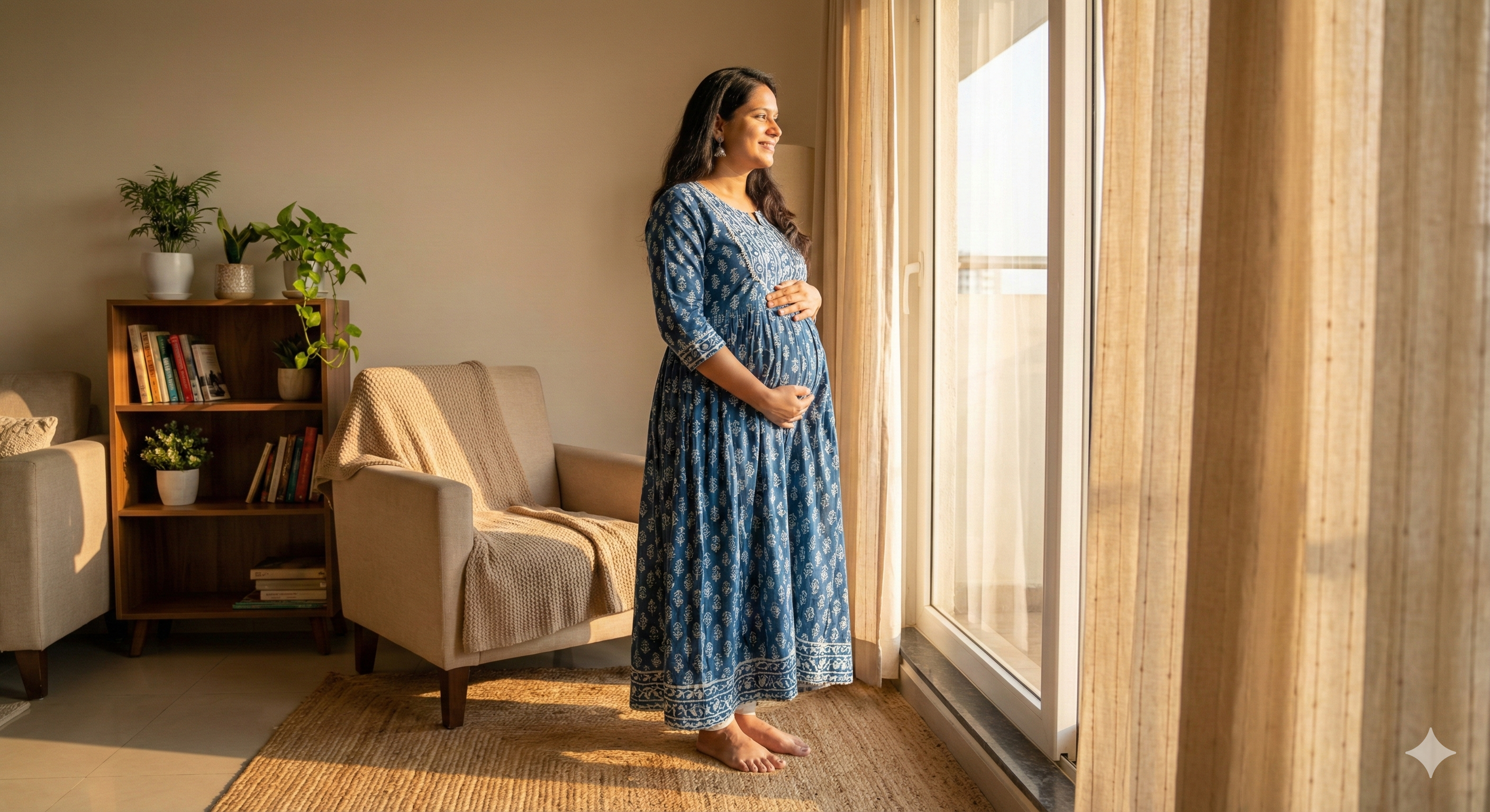 Joyful Indian woman in her fourth month of pregnancy wearing a comfortable blue block-print maternity Anarkali kurta, standing in a sunlit living room and cradling her baby bump.