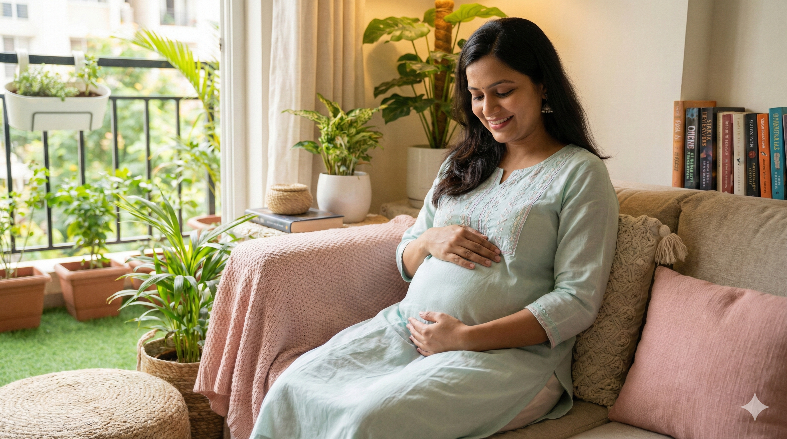 A smiling pregnant Indian woman in her second trimester (5th month), sitting on a couch and gently holding her growing belly in a sunlit room with plants.