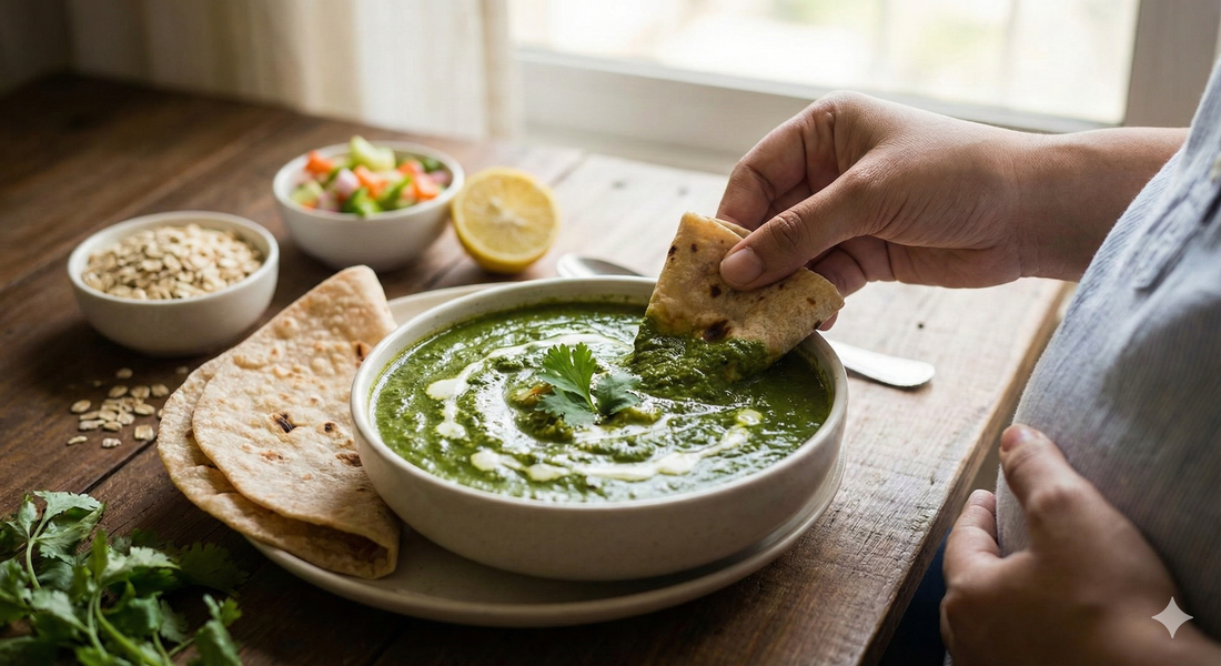 Bowl of green vegetable curry served with roti and fresh coriander.