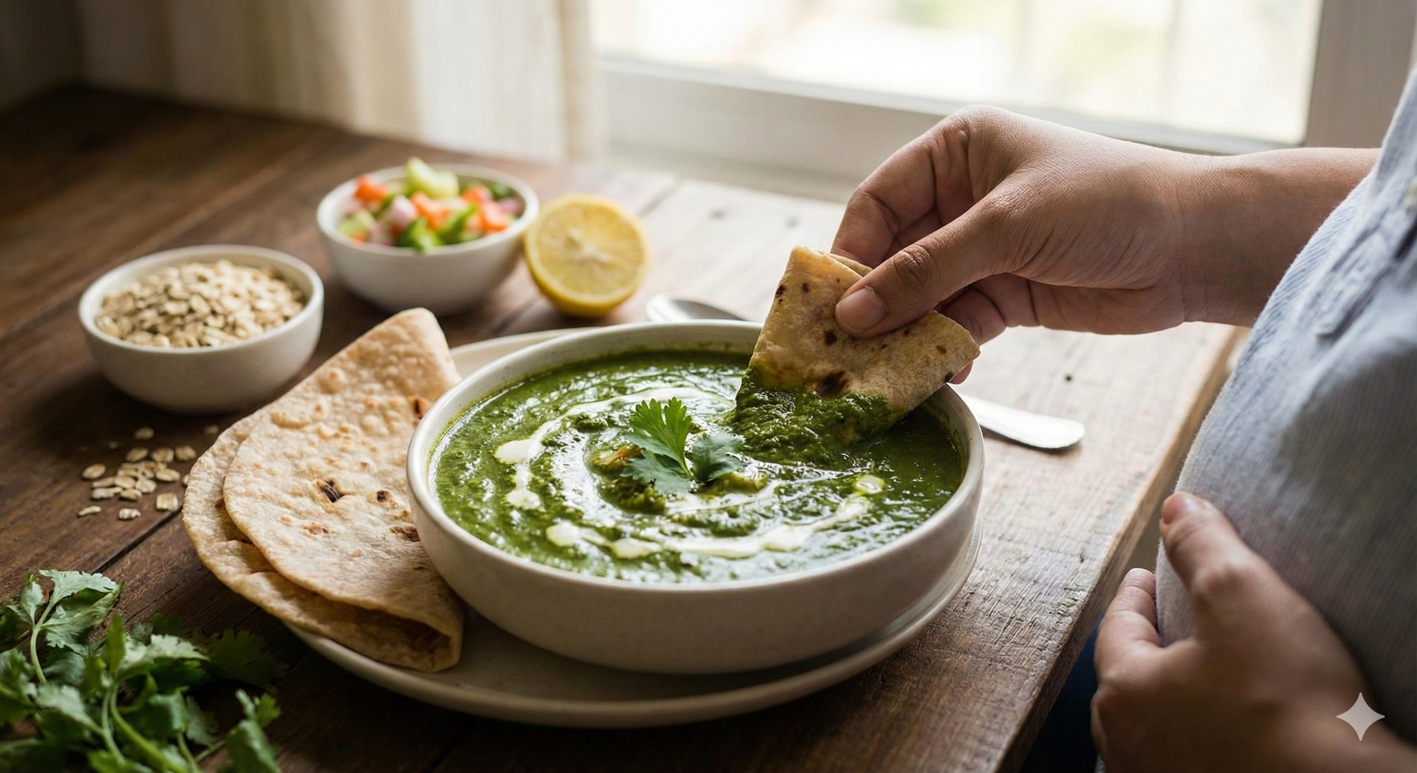 Bowl of green vegetable curry served with roti and fresh coriander.