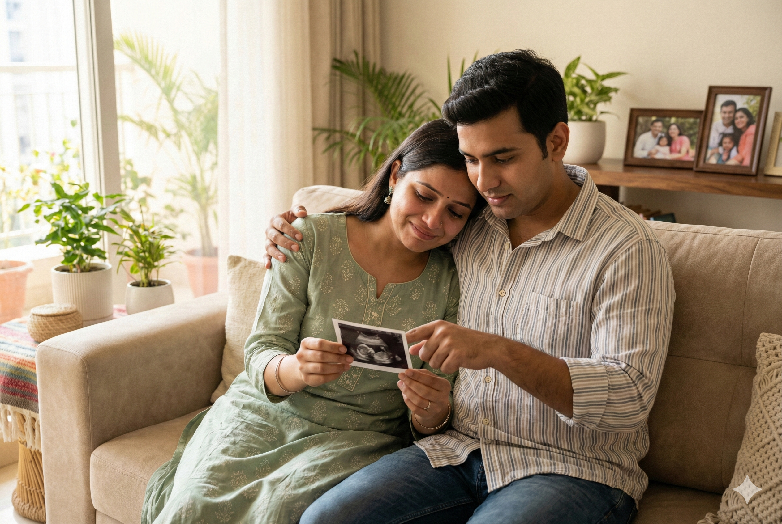 A happy Indian couple sitting on a beige sofa, smiling emotionally while looking at a baby ultrasound scan photo in a sunlit living room.