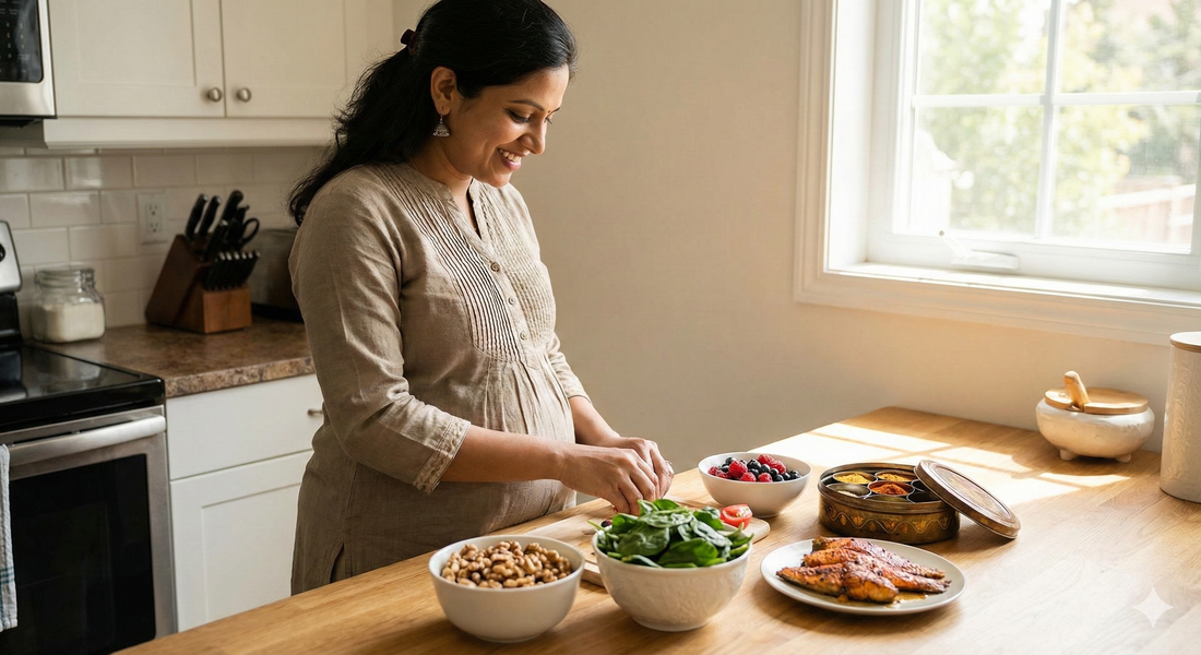 Pregnant Indian mother in a bright kitchen preparing brain-boosting foods like walnuts, spinach, and fish alongside a traditional masala dabba spice box.