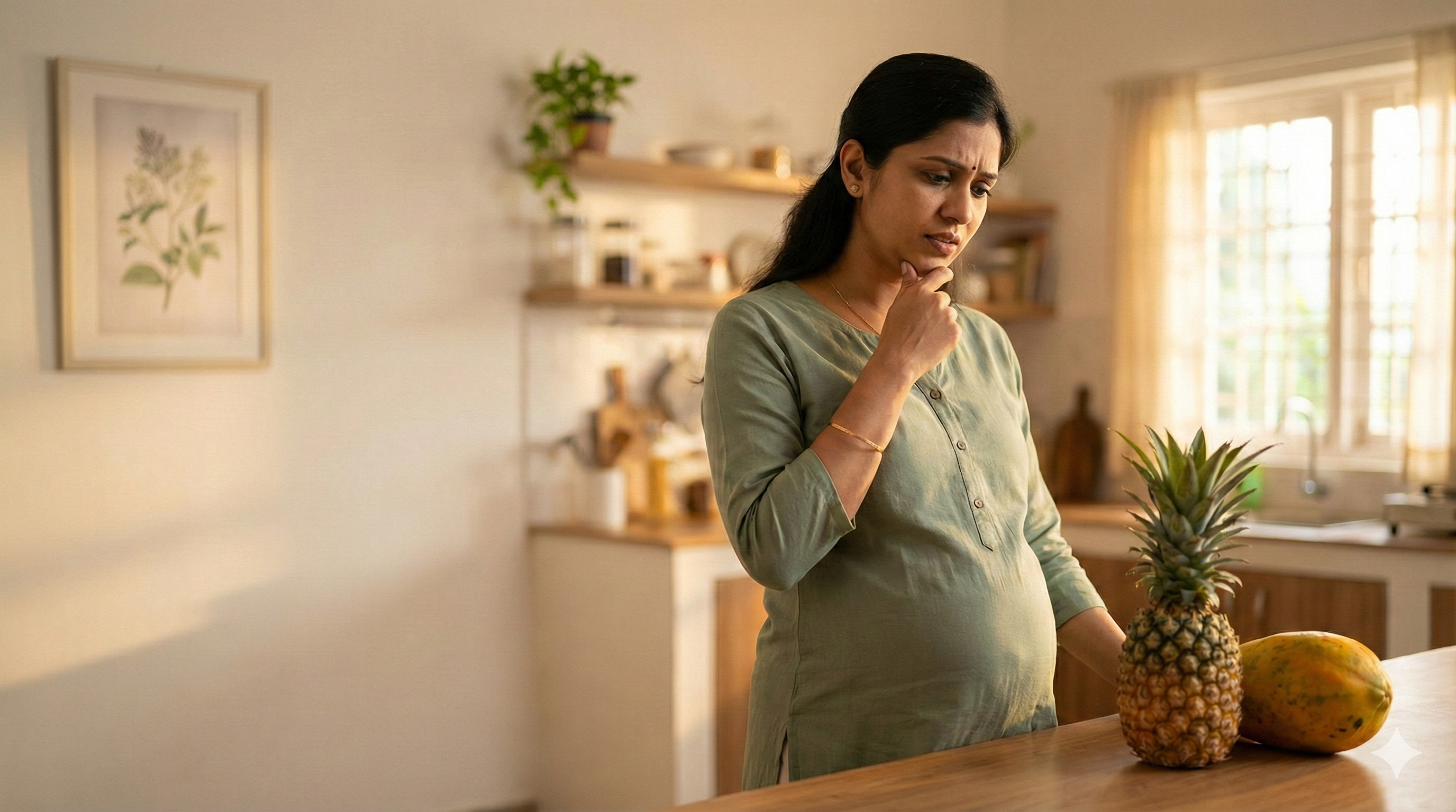 Thoughtful pregnant Indian woman looking at fresh pineapple and papaya in a kitchen, deciding on pregnancy diet safety.