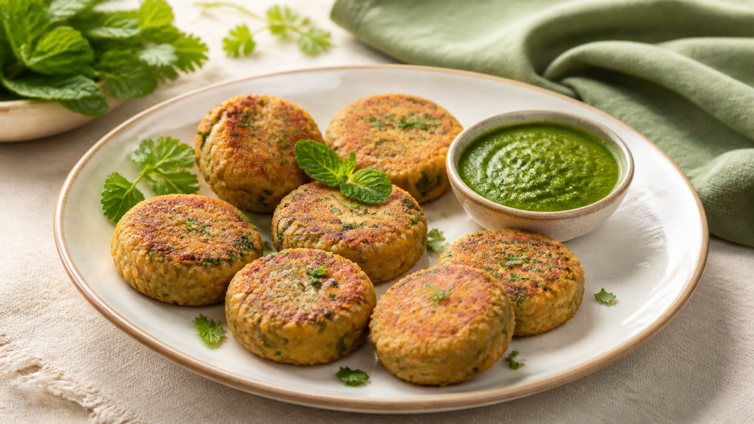 Golden chickpea and mint tikkis served with coriander chutney.