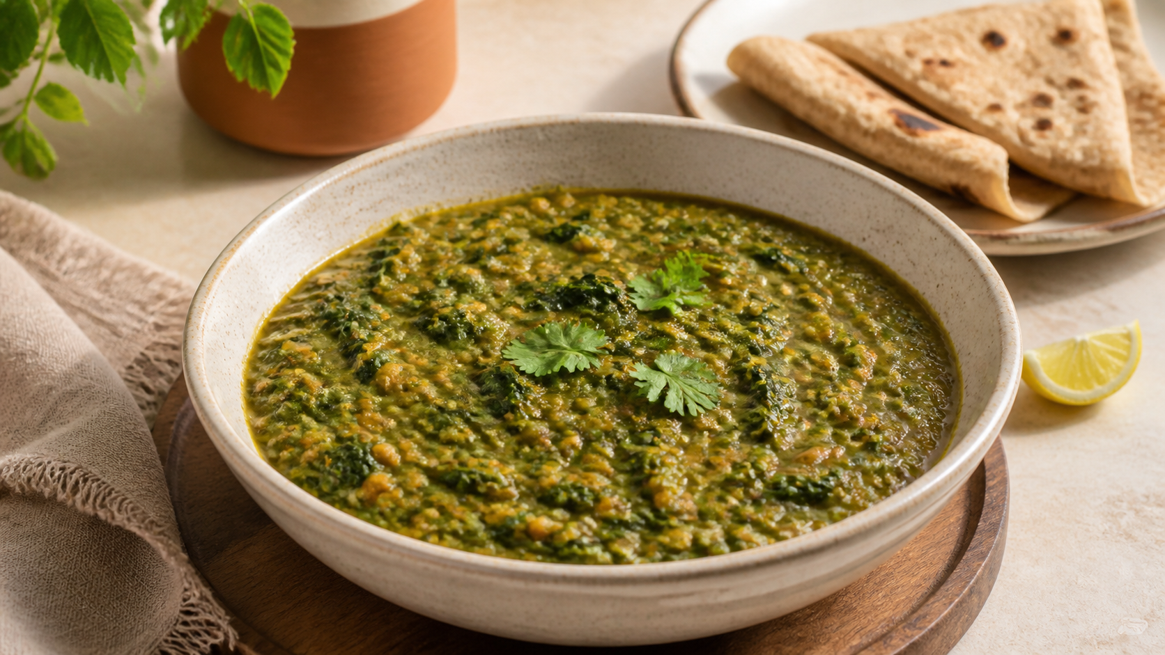 Bowl of green masoor dal served with roti and fresh coriander.