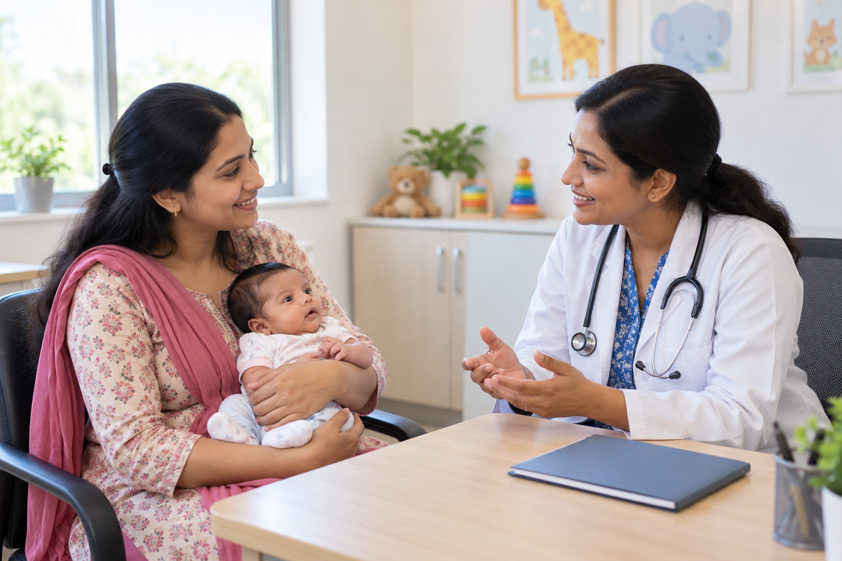 An Indian parent holds an awake baby while speaking with a clinician at a consultation table.