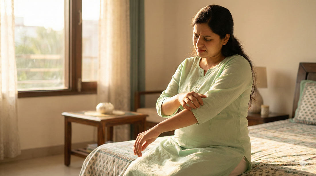Pregnant Indian woman scratching her arm due to dry skin and pregnancy itching symptoms.