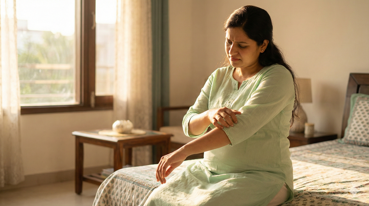 Pregnant Indian woman scratching her arm due to dry skin and pregnancy itching symptoms.