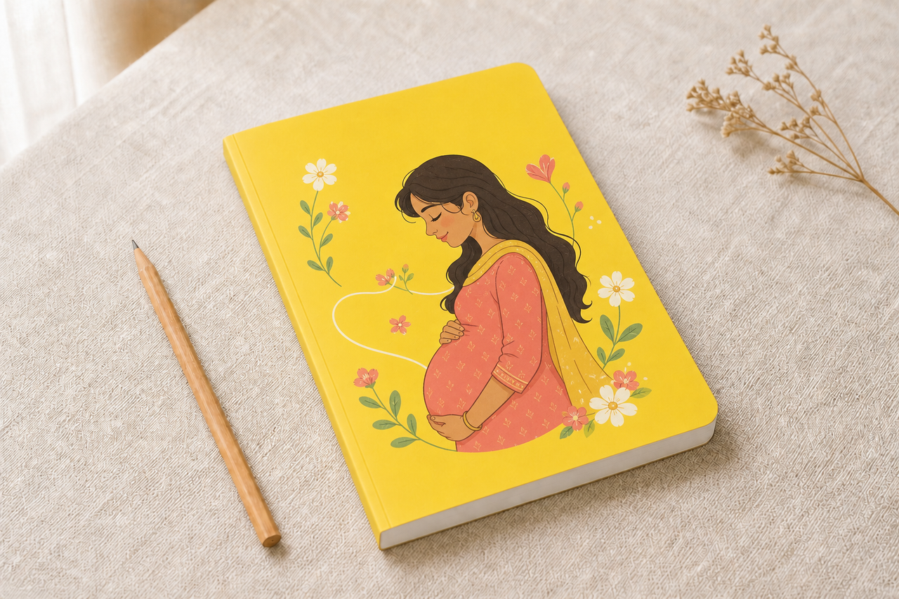 Representative image of a bright yellow pregnancy keepsake journal with an illustrated expectant Indian mother and floral cover; actual product appearance may vary.