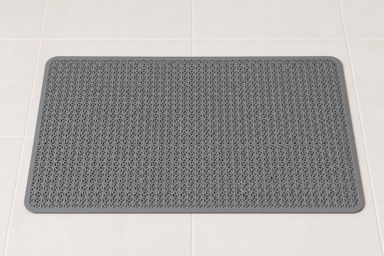Representative image of a grey rectangular open-lattice bathroom mat; actual product appearance may vary.