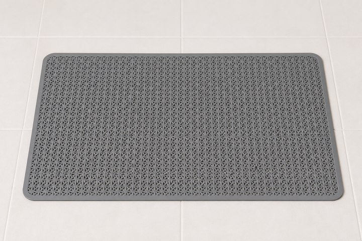 Representative image of a grey rectangular open-lattice bathroom mat; actual product appearance may vary.