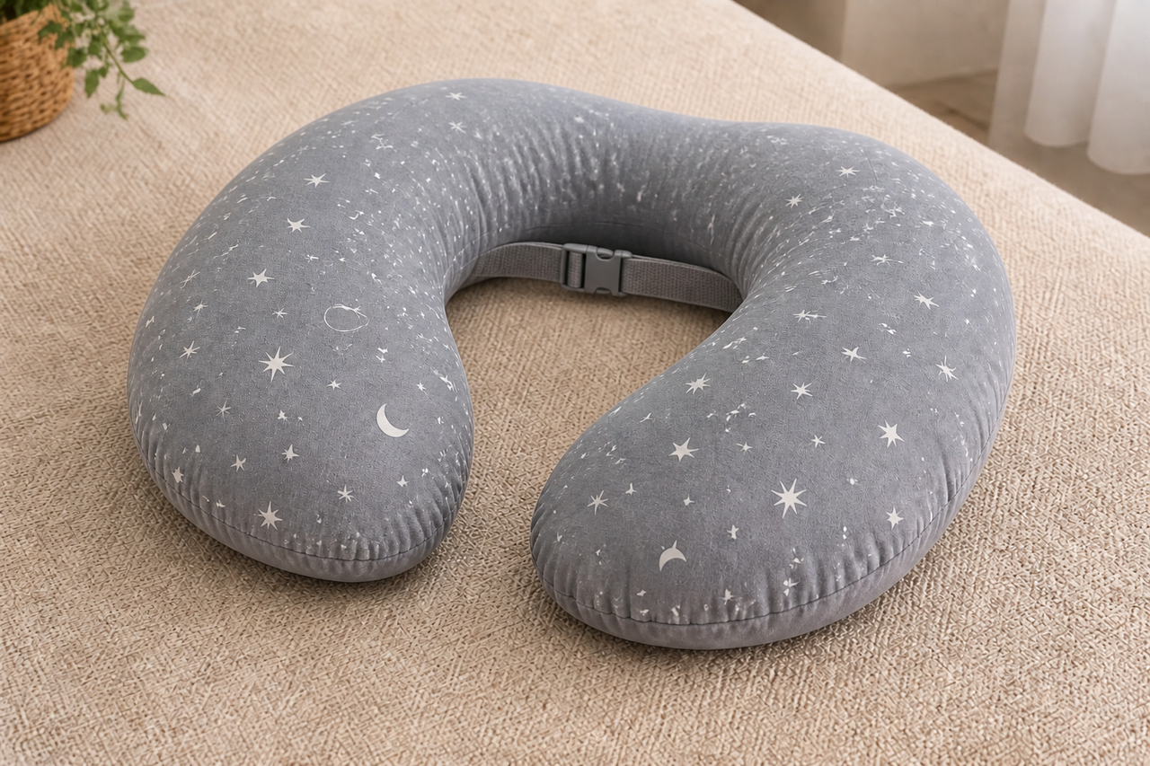 Representative image of a medium-grey U-shaped nursing support pillow with a white celestial-patterned cotton cover and fastening strap; actual product appearance may vary.