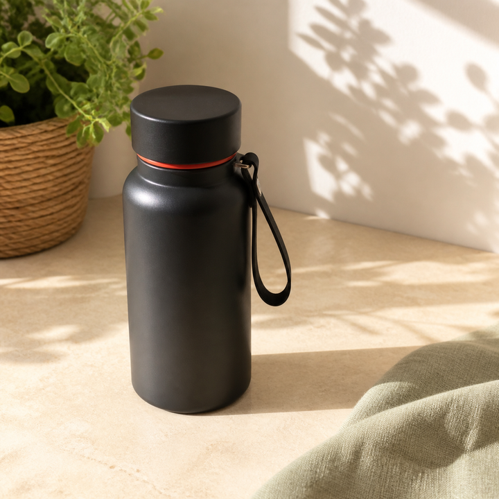 Representative image of a compact black insulated water bottle; actual product appearance may vary.