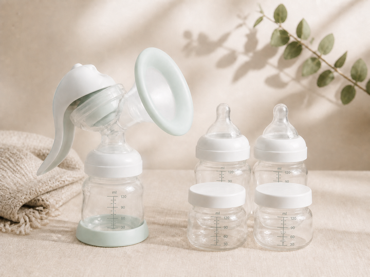 Representative image of a clear manual breast pump with a pale-aqua shield and four small clear bottles with measurement scales; actual product appearance may vary.
