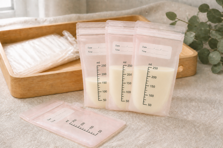 Representative image of three translucent milk-storage bags partly filled with milk and one empty bag, with measurement scales and write-on labels; actual product appearance may vary.