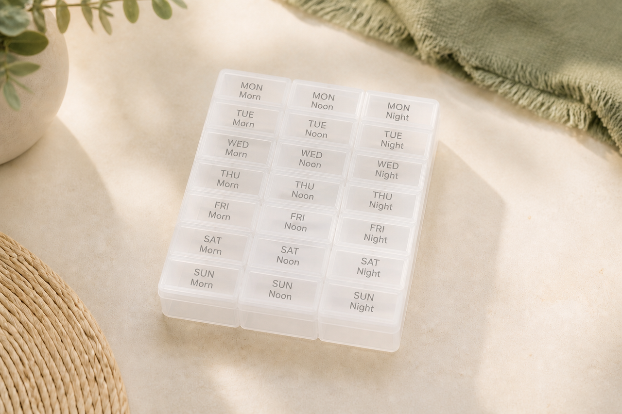 Representative image of an empty translucent seven-day medicine organiser with morning, noon and night compartments; actual product appearance may vary.