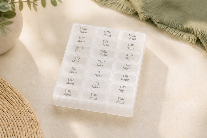 Representative image of an empty translucent seven-day medicine organiser with morning, noon and night compartments; actual product appearance may vary.