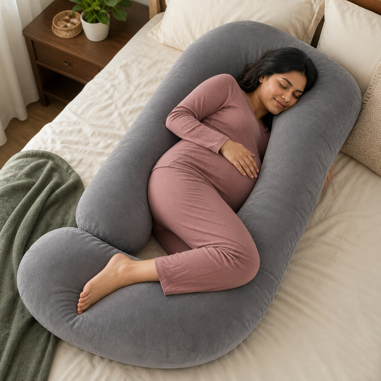 Representative image of a pregnant woman using a full-body J-shaped maternity support pillow; actual product appearance may vary.