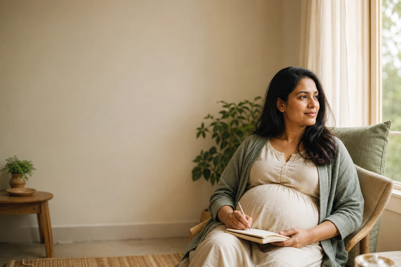 Expectant mother writing in a journal beside a sunlit window.
