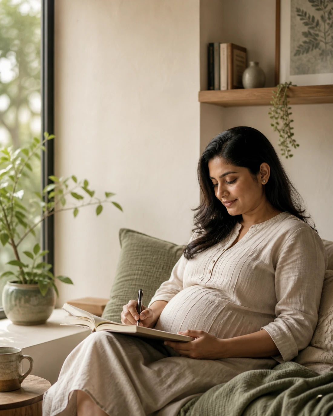 Expectant mother writing in a journal beside a sunlit window.